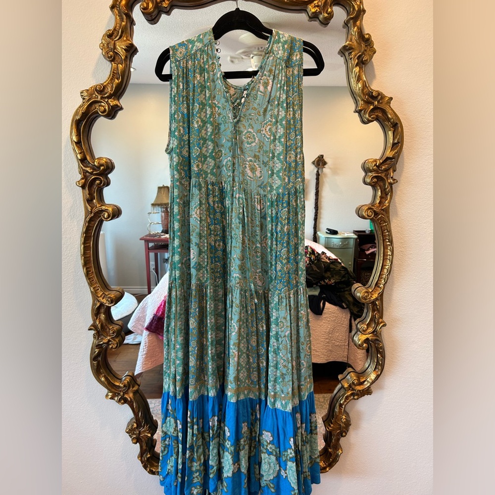 Free People Teal Floral Tiered Maxi Dress with Blue Hem